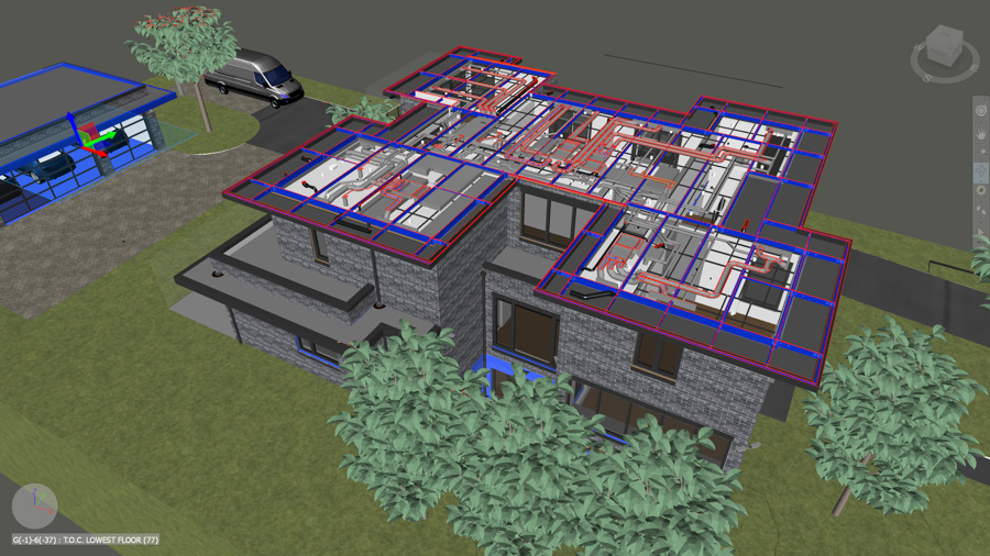 A BIM model of a two-story home by a general contractor in British Columbia features exposed HVAC ductwork, set amidst nearby trees