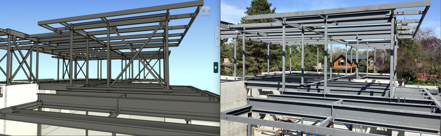 Side-by-side view of a steel building frame in Vancouver, BIM model on the left, real construction by a general contractor on the right.