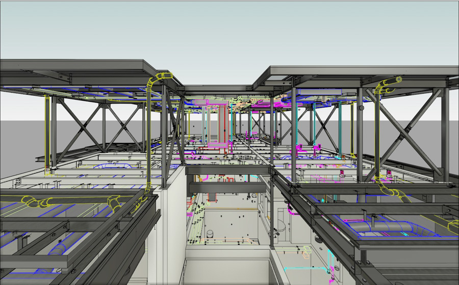 BIM architectural model highlighting the building’s framework, exposed beams, and vibrant piping systems ideal for showcasing construction projects in Vancouver and throughout British Columbia.