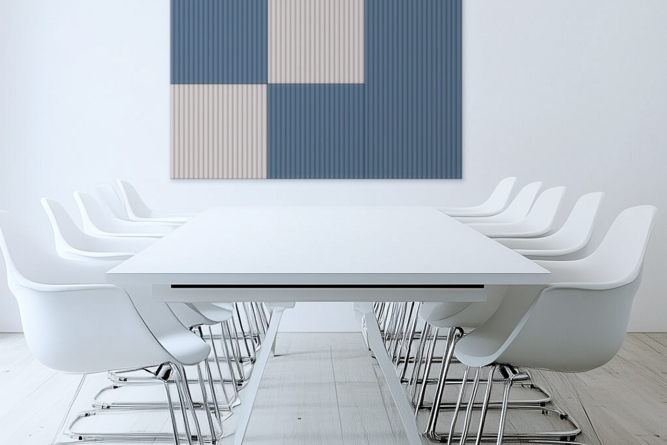 Minimalist conference room with a white table, white chairs, and a blue and beige geometric wall art.